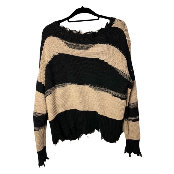 Rag Poets | Black Tan Boxy V-Neck Pullover Sweater, Medium - Picture 3 of 11